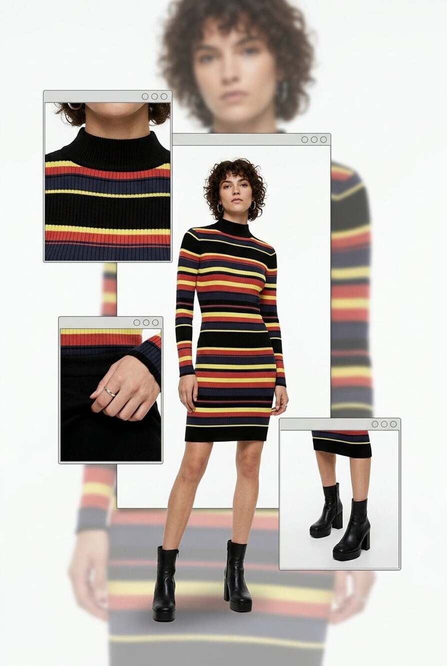 Say What? Multi-Colored Striped Ribbed Mock Neck Knit Midi Dress #B43